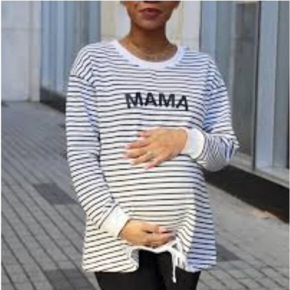 Isabel Maternity “Mama” Spellout Striped Sweatshirt – Black & White, Long Sleeve - Picture 9 of 9